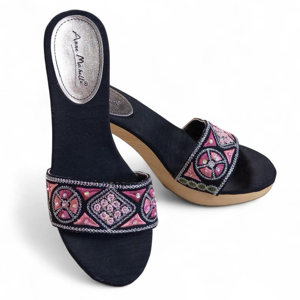 Anne Michelle Black Pink Beaded Embroidered Heels Sz 8